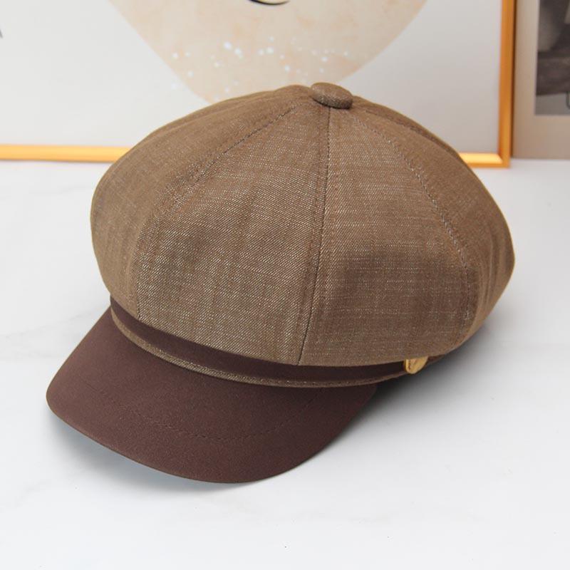 Retro denim splicing octagonal newsboy hat female autumn and winter British beret showing face small casual painter cap tide