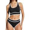 Damen High Waist Bikini-Sets Sportliche Rundhals Zweiteilige Badeanzüge Color Block Hoher Beinausschnitt Badesets