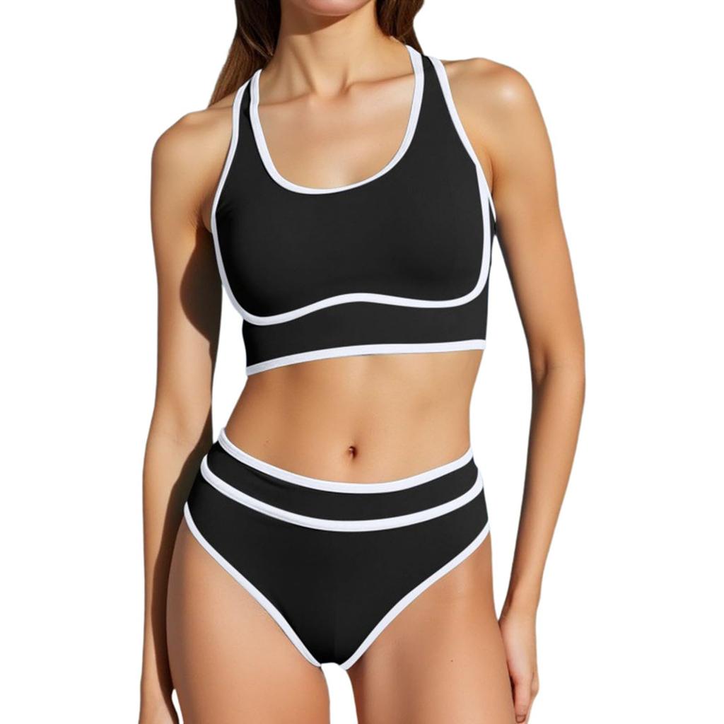 Damen High Waist Bikini-Sets Sportliche Rundhals Zweiteilige Badeanzüge Color Block Hoher Beinausschnitt Badesets