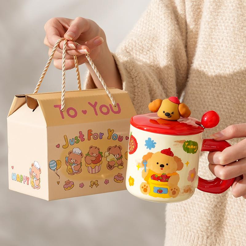 High-Value Creative Ceramic Cup With Lid Spoon, Household Girl Couple Water Cup Gift Box, Cute Little Gift.