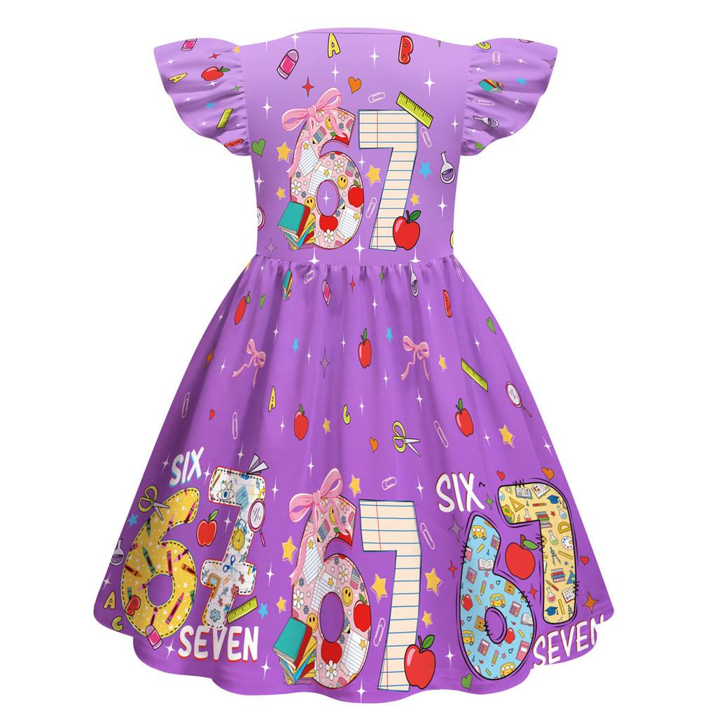 82838 Kids Girls Steal a Brainrot 67 Six Seven Print Ruffle Sleeveless Princess Dress