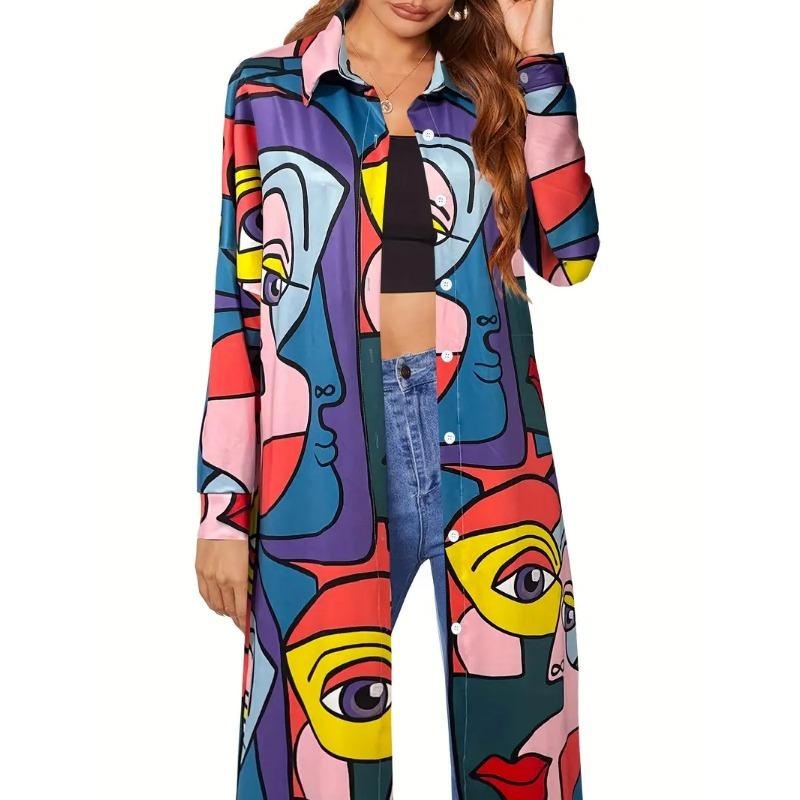 

Платье макси с абстрактным принтом лица, платье с длинными рукавами на пуговицах спереди, женская одежда