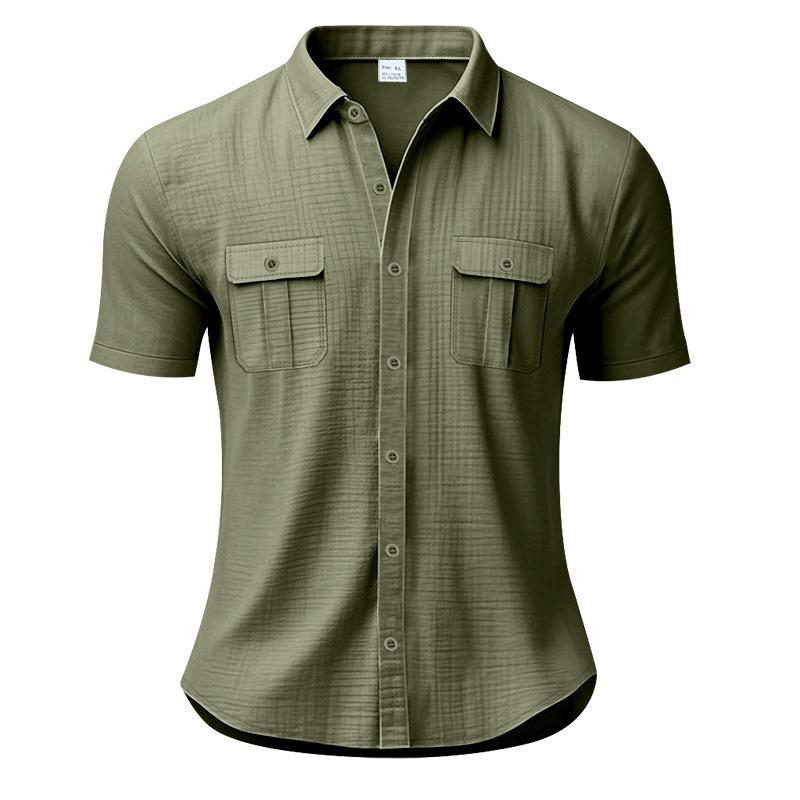 Summer men's short-sleeved shirt Solid-colour patch-pocket cardigan Loose-fitting lapel linen shirt