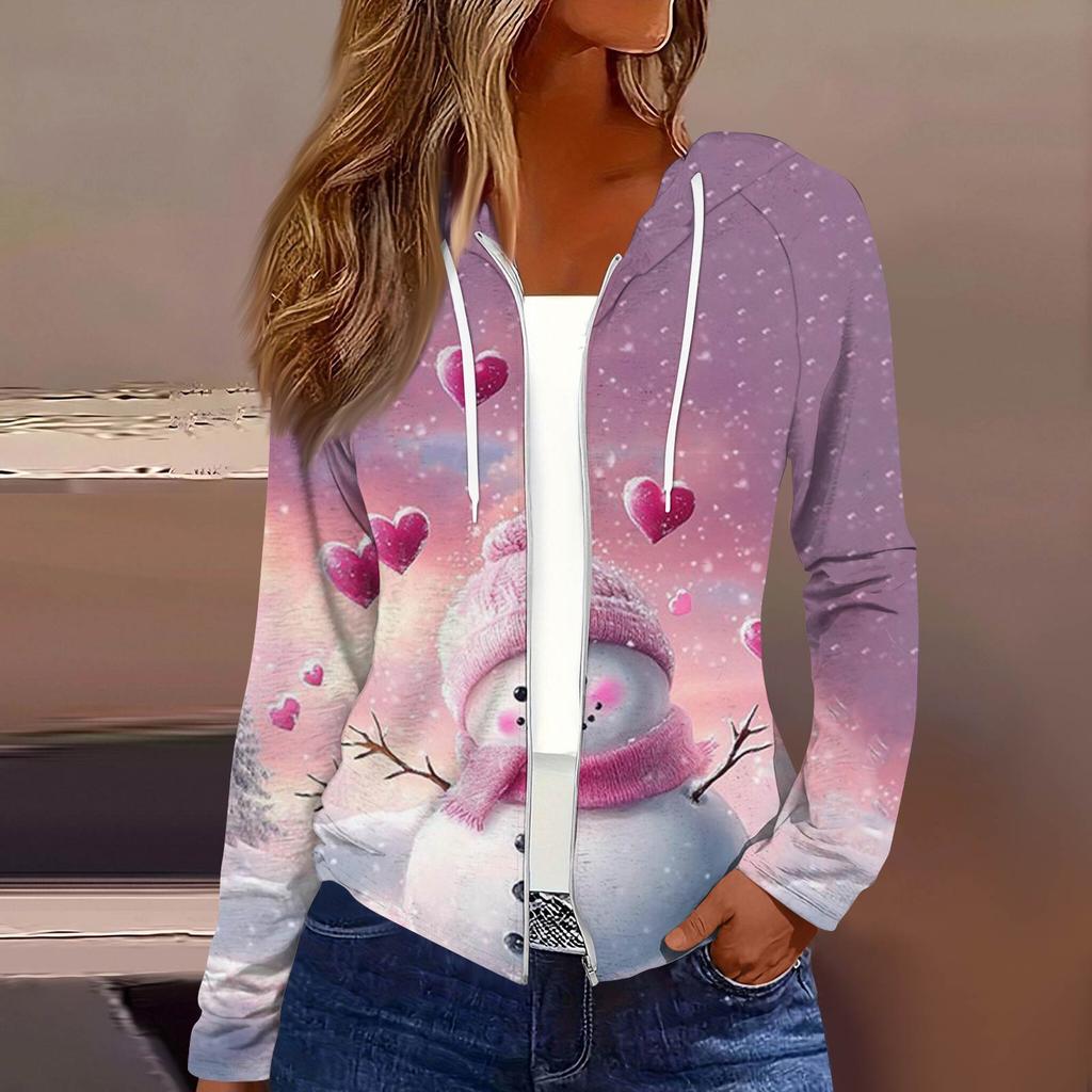 Chaqueta Casual con Capucha y Cremallera de Manga Larga con Estampado Navideño de Moda para Mujer
