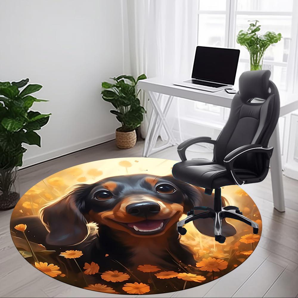 1pc Dachshund, Yellow Flowers Carpet for Office Non-Slip, Round Carpet, Soft & Comfortable, Carpet for Office, Round Floor Mat Yy251225143