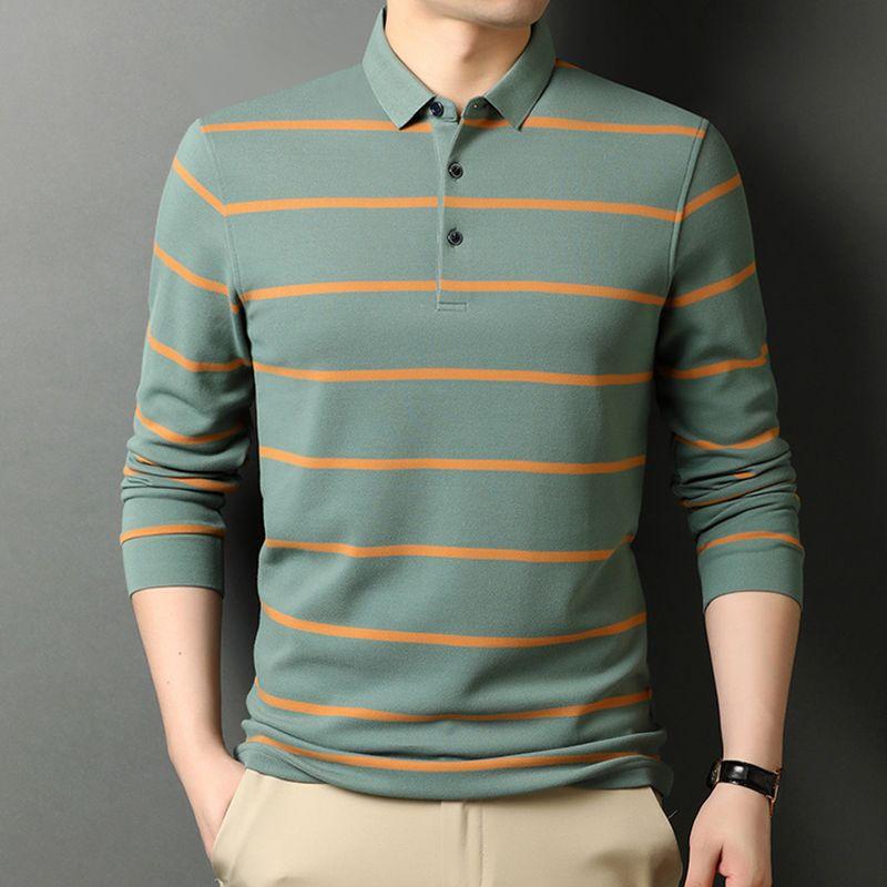 Men's Korean-Style Pullover Cotton Lapel Polo Shirt Long-Sleeve Striped Loose Button T-Shirt
