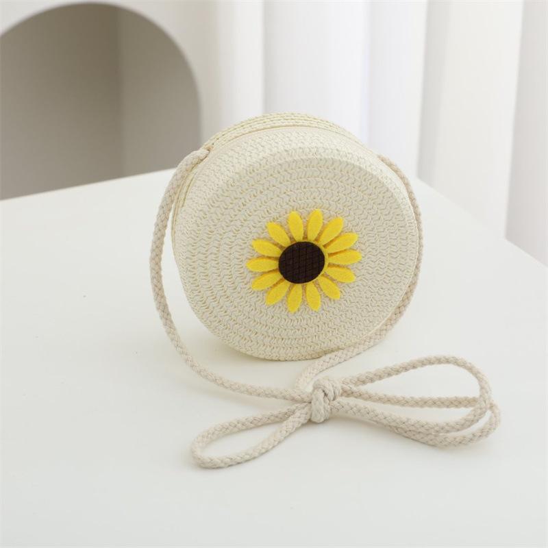 Summer Solid Color Straw Bag Shoulder Messenger Round Bag Children Versatile Outing Beach Bag Light Board DIY Round Weaving