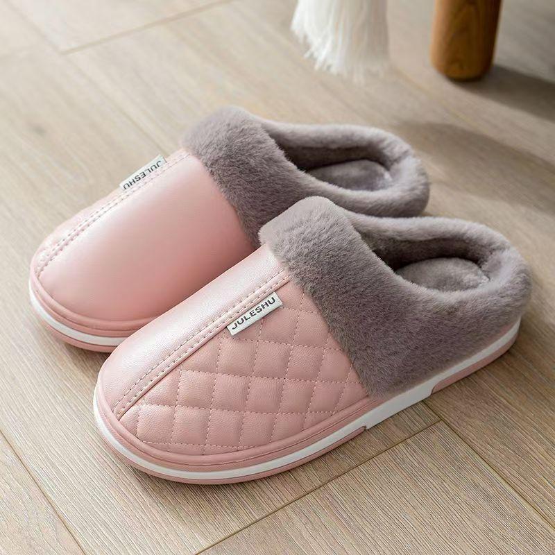PU waterproof cotton slippers winter home indoor non-slip warm cotton shoes the elderly large size cotton slippers