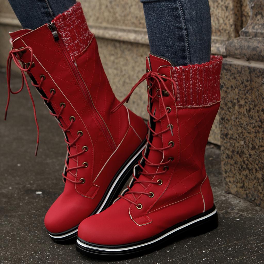 High-quality Winter Warm Boots Women's Winter Side-pull Lace-up Knitted Mid-tube Boots Low-heeled Round-toe Boots Botas De Muje