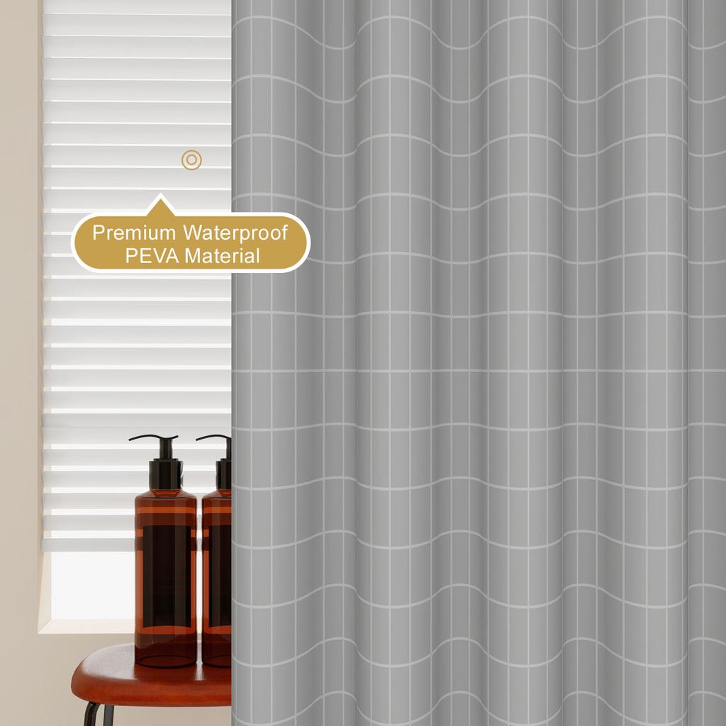 1Pc Gray Grid Artwork Geometric Shower Curtain Waterproof Peva Modern Minimalist Bathroom Decor