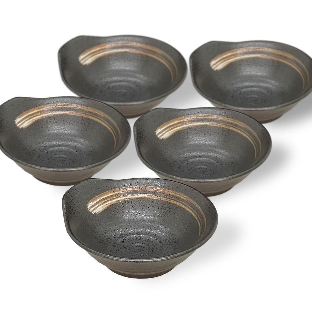 Yamaki Pottery Tonburi Bowl Set (5 Bowls), 13.5cm X 12.5cm X 5cm, Mino Ware, Microwave and Dishwasher Safe, Made In Japan (White Brush Tenmoku)