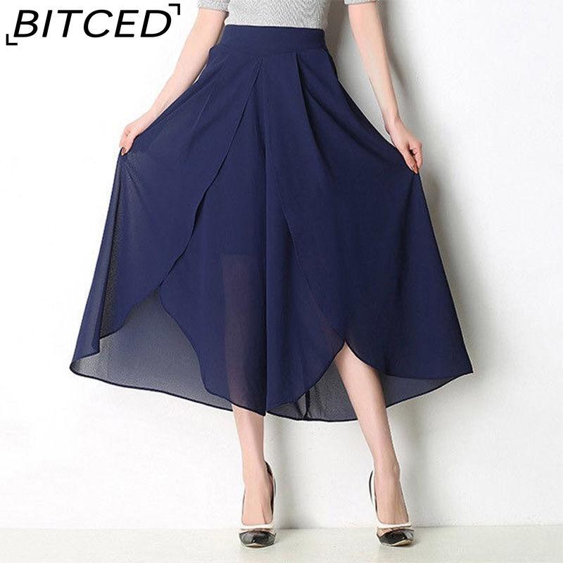 

BITCED 4 цвета, летние брюки, свободные женские брюки длиной до щиколотки, шифоновая юбка с высокой талией, широкие брюки, брюки больших размеров M синий