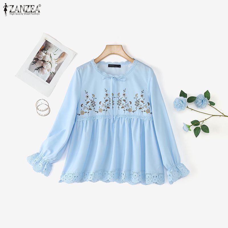 ZANZEA Women Casual Round Neck Long Sleeve Loose Print Blouse