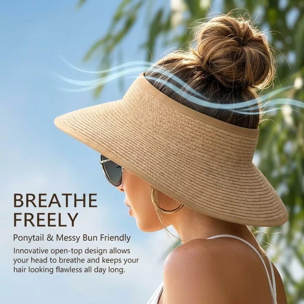 Wide Brim Women's Sun Hat Open Top Straw Hat New Ponytail Hats  for Summer