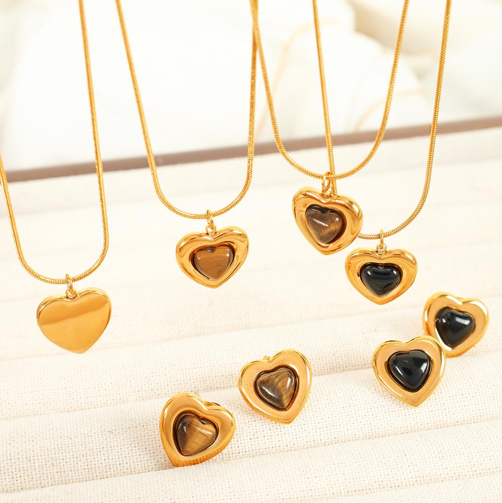 French Retro Niche Design Glass Stone Tiger'S Eye Stone Love Jewelry Set Women'S Simple High-End Clavicle Neck Chain