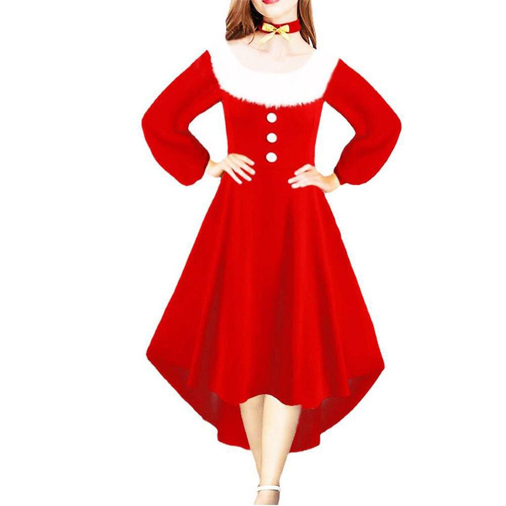 Women's Christmas Costume Red Button-up Long-sleeved Knitted Plush Princess Dress