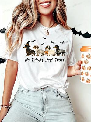 Women's Casual Short Sleeve T-Shirt Clothing Halloween Dachshund Dog Tricks or Treats Graphics Print T-Shirts Short Sleeve Gifts