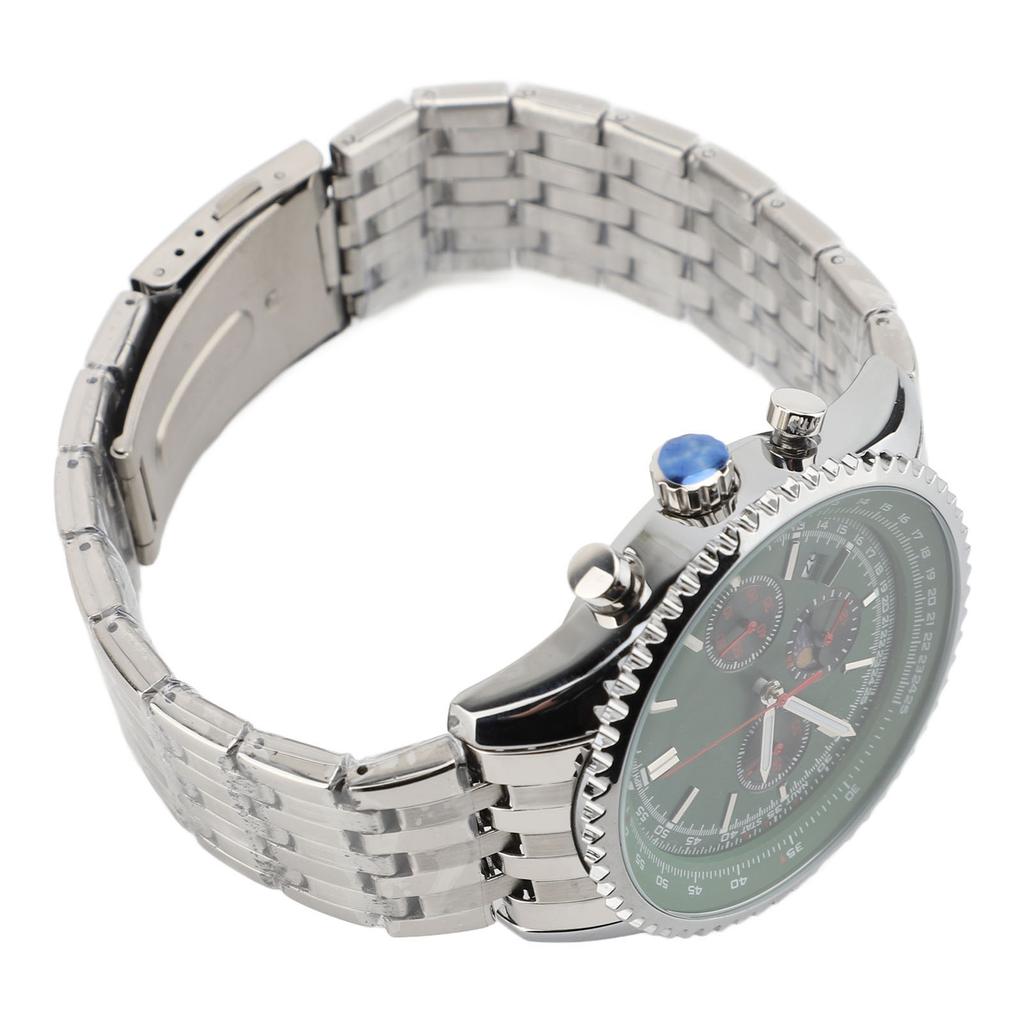 Men Quartz Watch with Calendar and Moon Phase Zinc Alloy Case Stainless Steel Strap Men Wristwatch