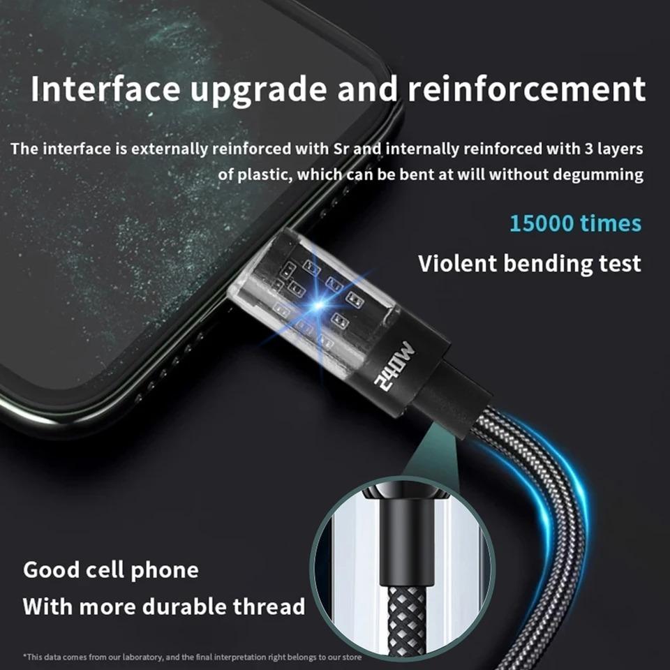 240W Super Fast Charging Cable USB C Interface Nylon Braided Transparent Type C High-speed Charger Wire Fast Charging Data Cord