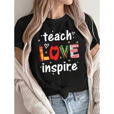 T-shirt con Stampa di Lettere, Manica Corta Girocollo Top Casual per Estate e Primavera, Abbigliamento Donna
