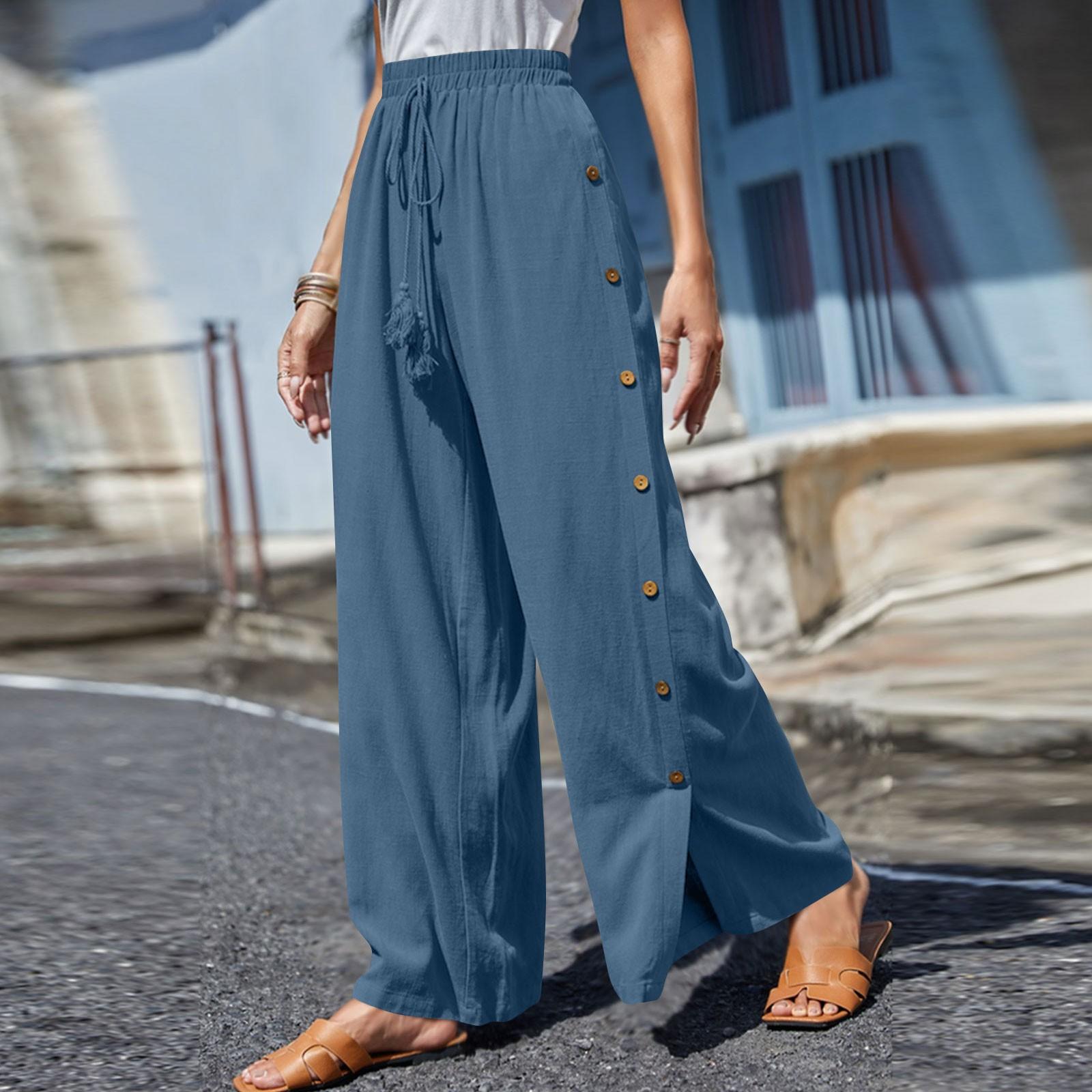 Women s Color Trousers Elastic Waistband Button Trim Wide Leg High Waist Trousers S синий