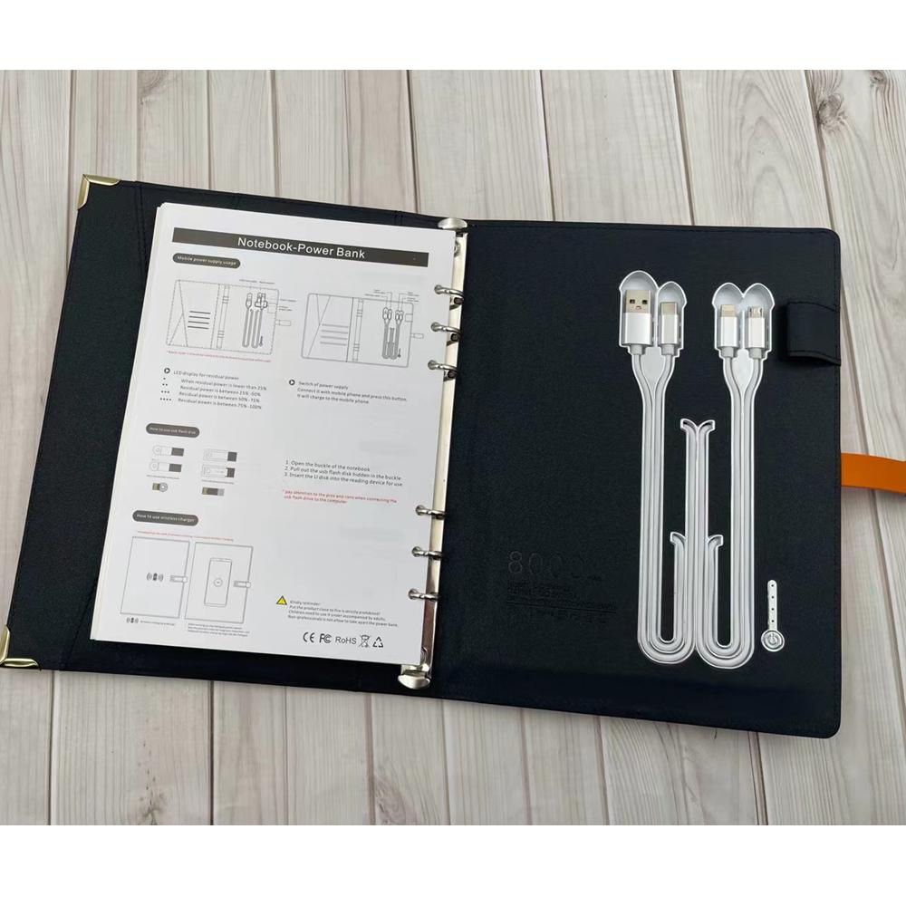 Fast Delivery A5 Leather Cover Loose-leaf Buckle Charging Diary with 8000mAh Power Bank for Trade Show Charging 15W Notebook