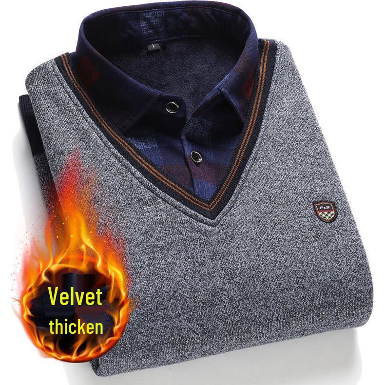 Middle-aged Men's Warm Knitted Sweater - Fake Two-Piece, Plus Velvet, Thick Long Sleeve Winter Outfit for Dad