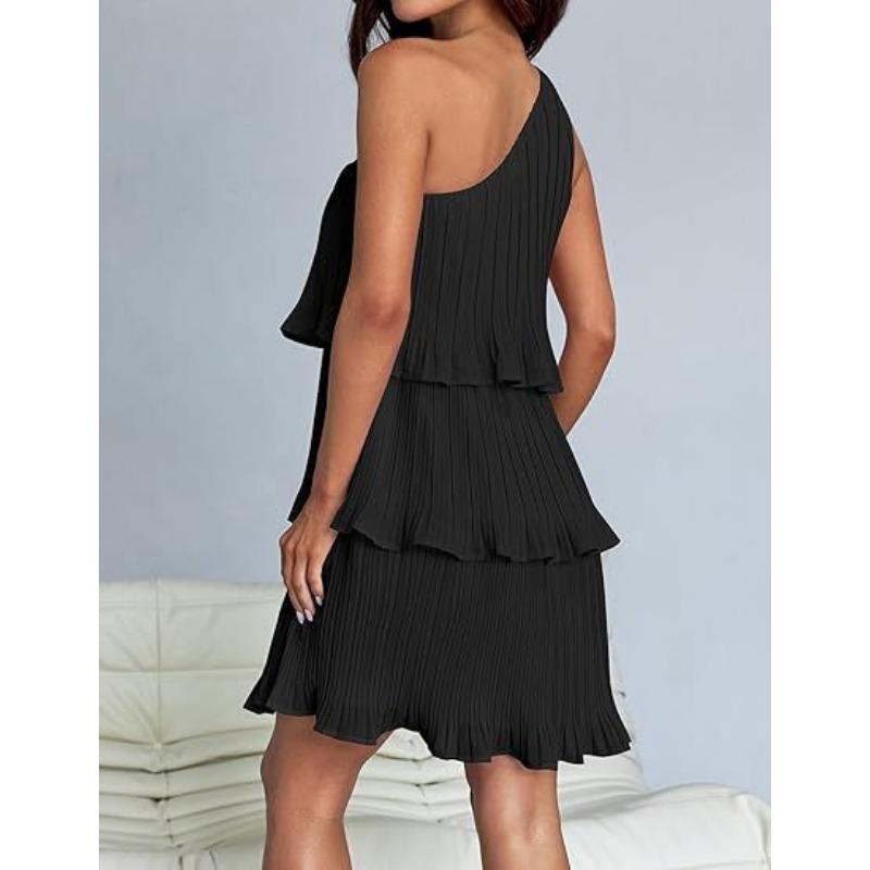 VEZFAA Women's Fashion Summer Spring Solid Color Print Sleeveless Oblique Collar High Waist Casual Dresses