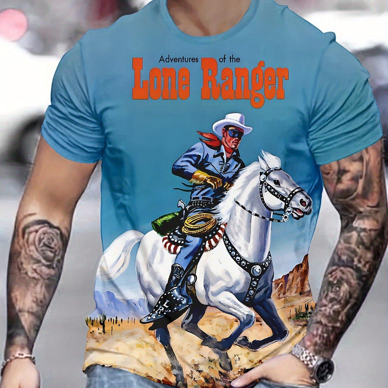 Men s Lone Ranger T-Shirt Vintage Western Cowboy Riding Horse 3D Graphic Printed Short Sleeve Casual O-Neck Pullover Streetwear Tee Top Men Clothing S