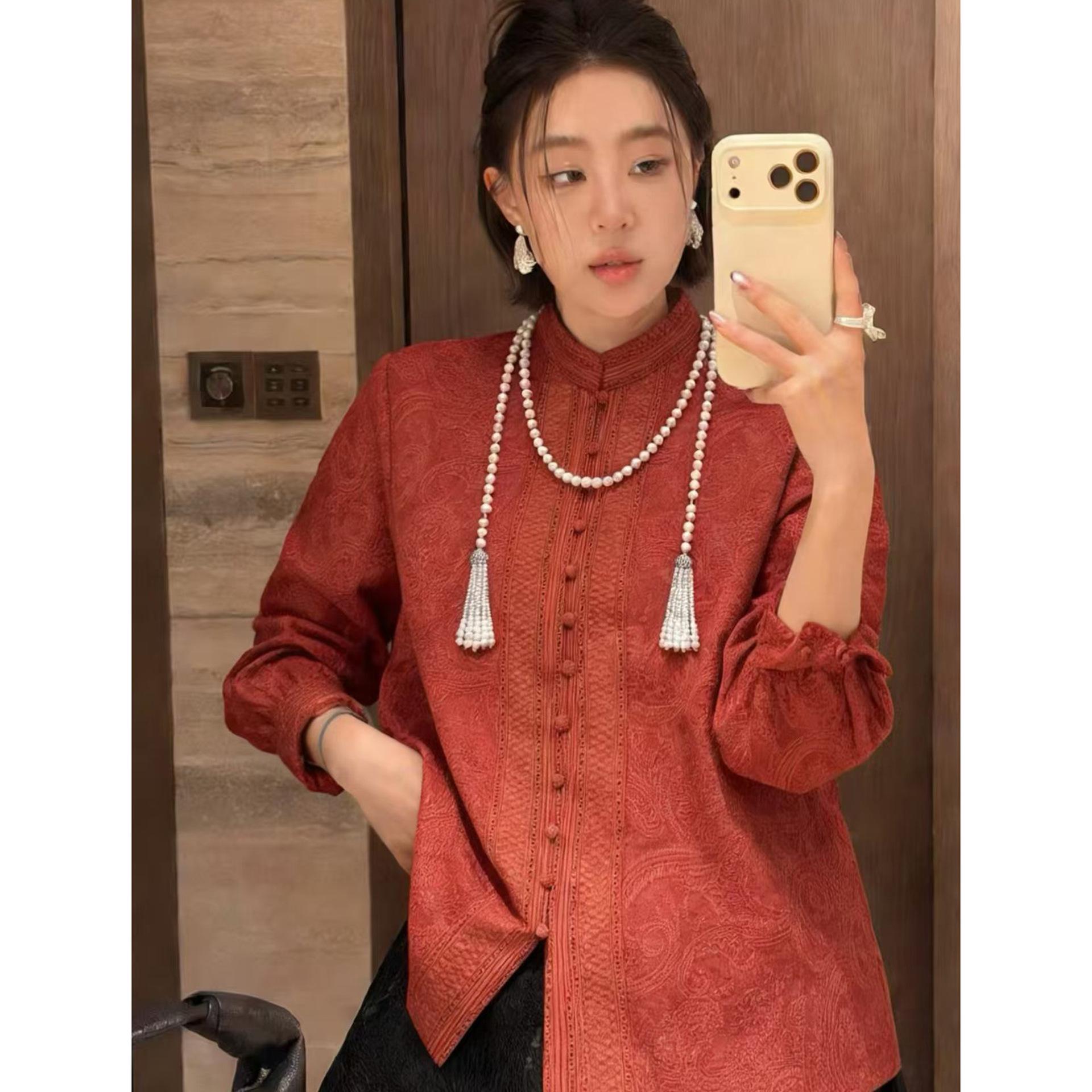 

Rongtai Women s All-Cotton Hollow Stand Collar Embroidered Cashew Flower Top - 2026 Spring Collection XXL красный