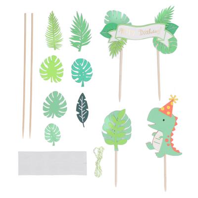 4 Set Topper per Torta Dinosauro Dinosauro Verde Foglia di Palma Buon Compleanno Biglietto in Inglese Torta Dinosauro