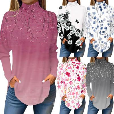 Women's Fashionable Casual High Neck Printed Long Sleeve T-Shirt Pullover Top