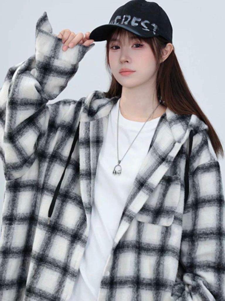 2024 Unisex Loose Fit Hong Kong Plaid Hooded Shirt Jacket - Mid-Length Casual Top