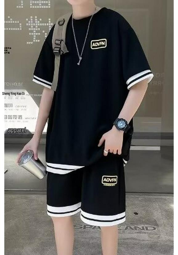 Korean Style Men's Sportswear Set - Short Sleeve T-shirt & Casual Basketball Shorts, Summer 2026 Trend