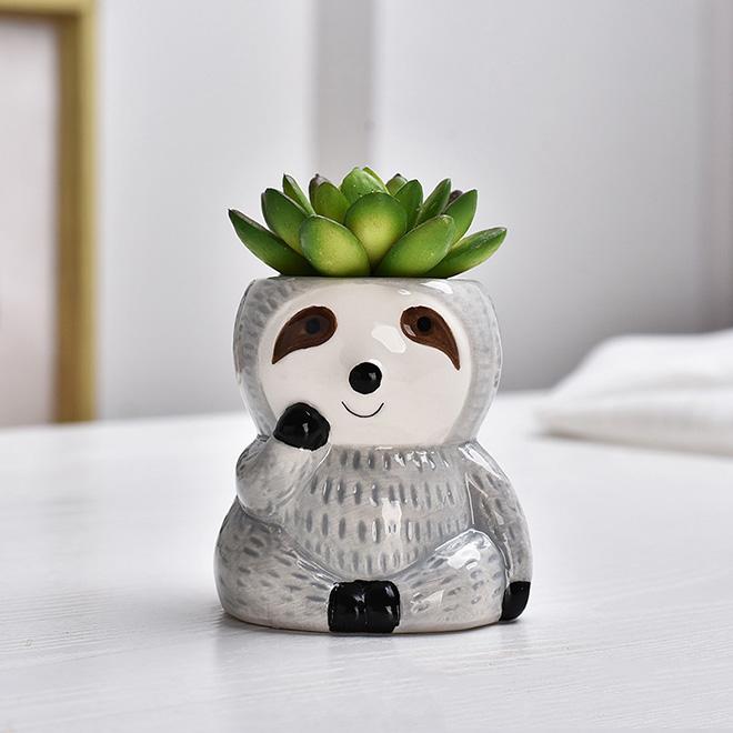 Dropshiping Sloth Planter With Bamboo Tray Indoor Outdoor Ceramic Animal Planters Pots Succulent Plant Pot for Air Plant