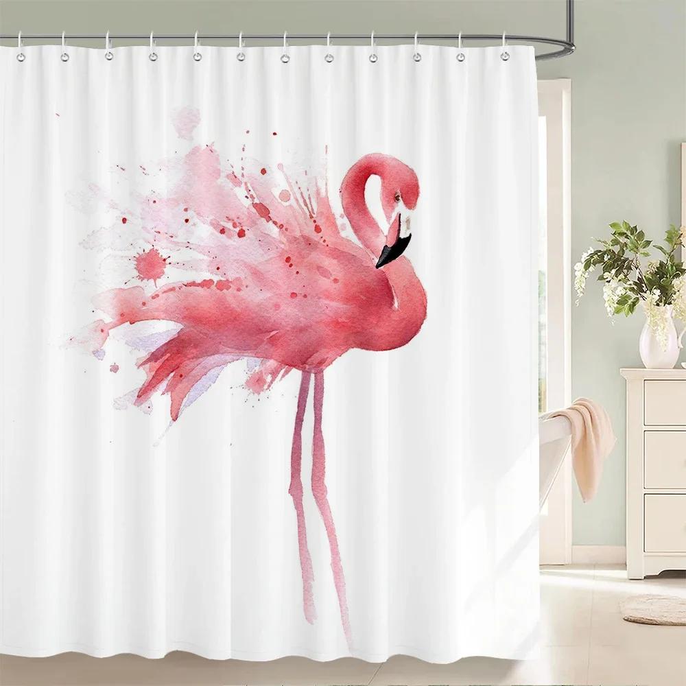 Pink Flamingo Pattern Shower Curtains for Bathroom Tropical Plant Flower and Bird Shower Curtain Waterproof Fabric with Hooks