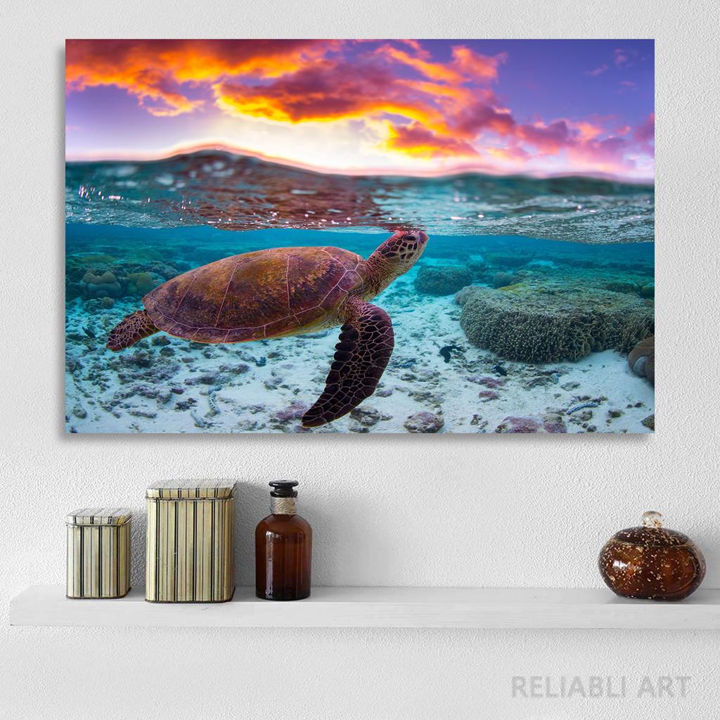 Green Sea Turtle Swims Underwater Wall Pictures Canvas Painting Ocean Marine Life Animal Posters Prints for Living Room Decor