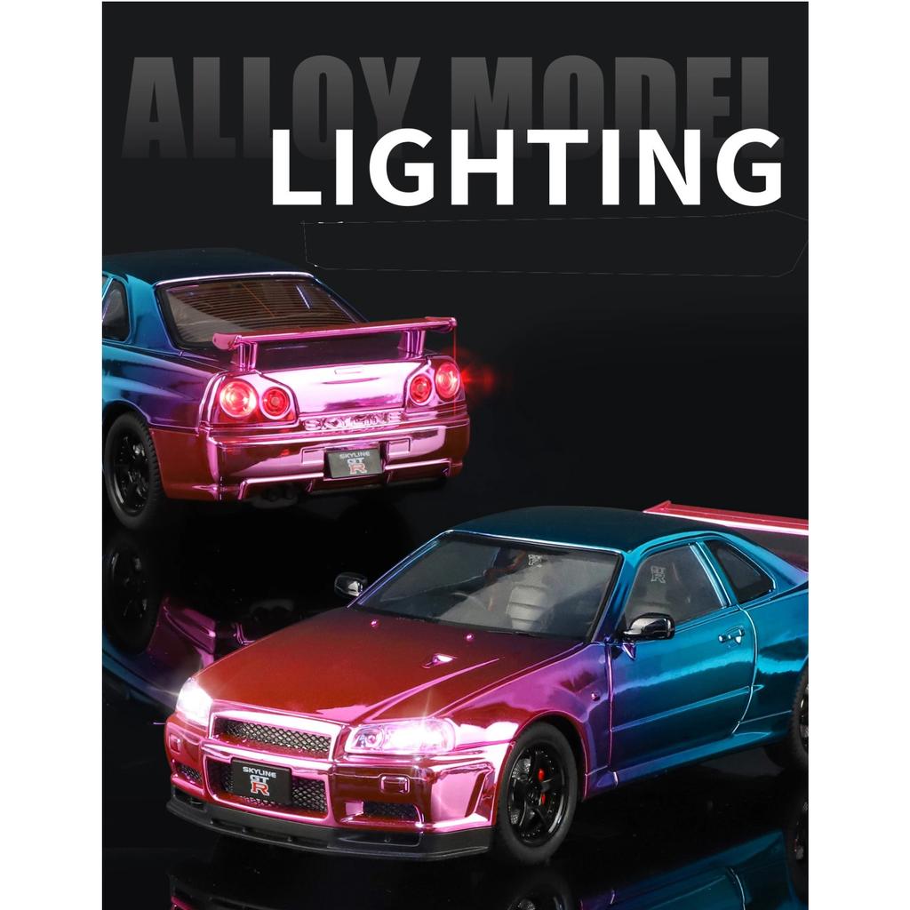 1/24 Nissan Electroplated GT-R GTR R34 Alloy Sports Car Model Diecasts Metal Track Racing Car Vehicles Model Sound Light Kids Toys Gift