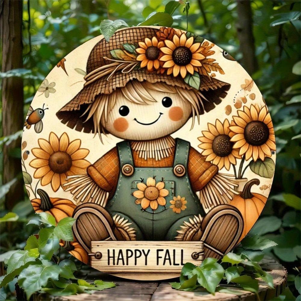 Metal Sunflower Scarecrow Round Wall Art 8x8 Inch Bar Cafe Home Decor Gift