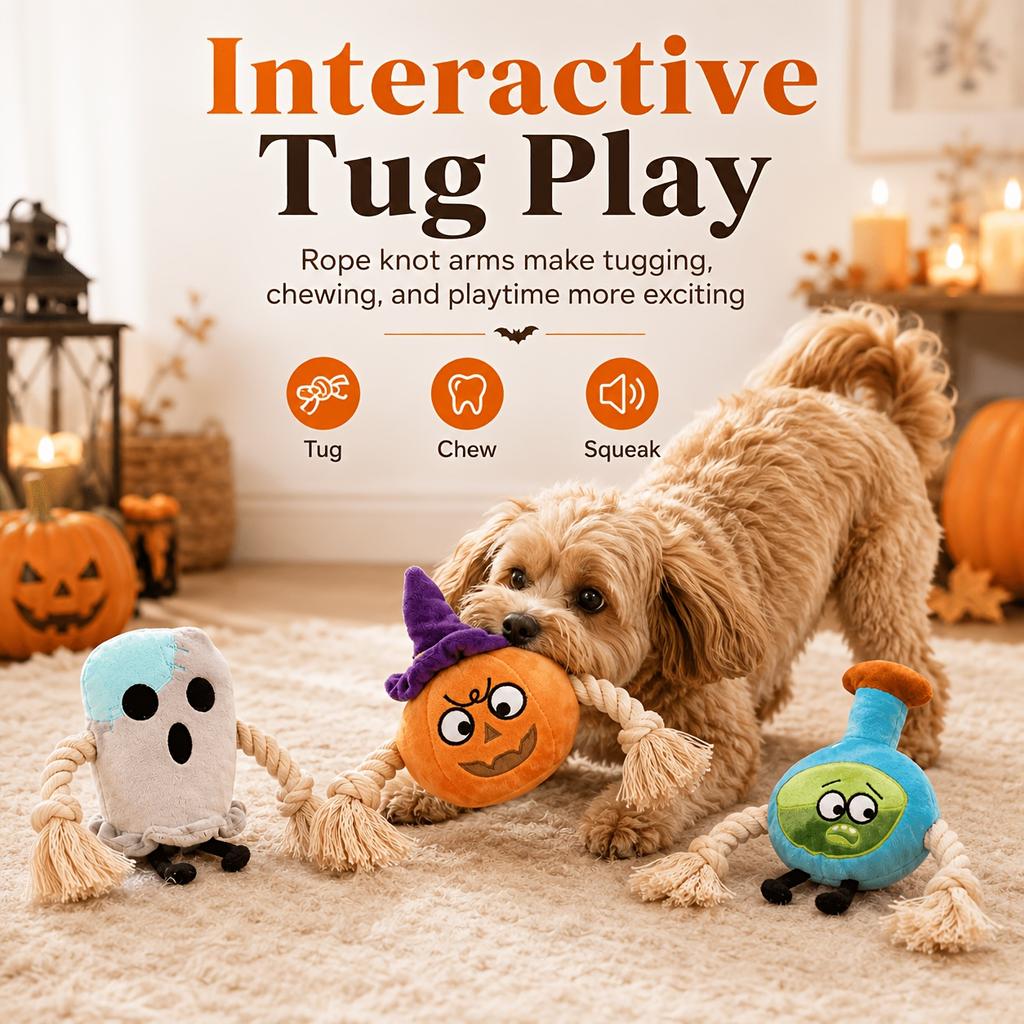 Halloween Squeaky Plush Dog Chew Toy, Pumpkin Ghost Potion Design with Cotton Rope Arms, Bite Resistant Tug Play Toy for Pets