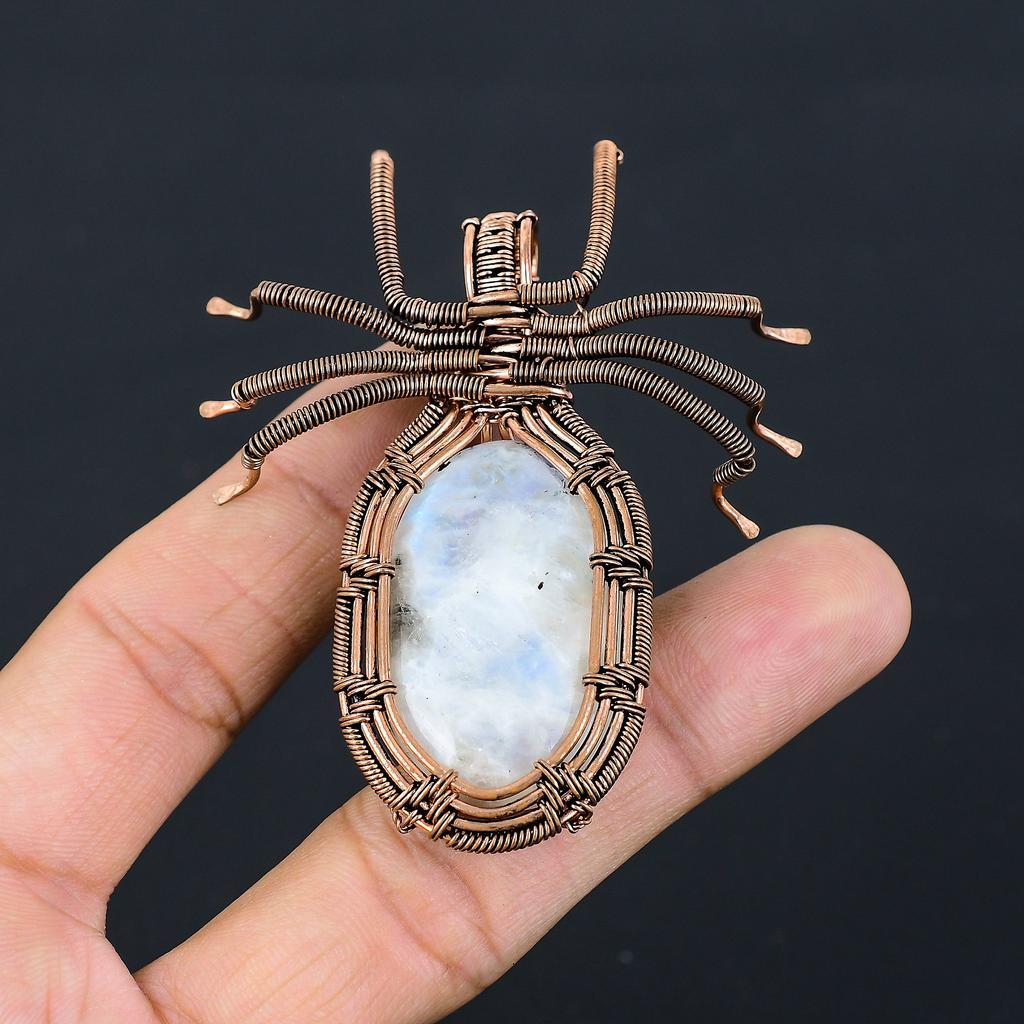 Natural Rainbow Moonstone Gemstone Copper Wire Wrap Spider Pendant 2.56" M1b28