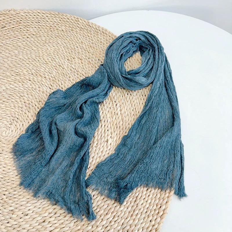 Solid Color Cotton Crinkled Scarf for Women Retro Neck Warmer Decorative Narrow Long Striped Scarf Wrap Shawl for Autumn 220cm
