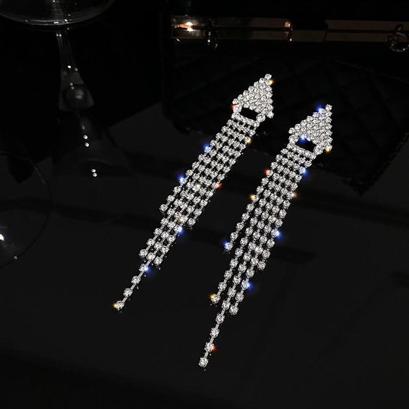 S925 Silver Geometric Rhinestone Tassel Earrings for Women - Elegant, Versatile, and Slimming Dangle Earrings