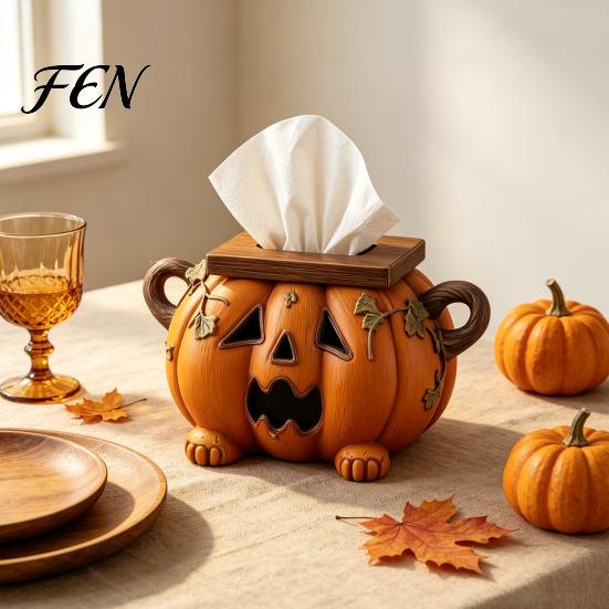 Novelty Home Accessory Halloween Pumpkin Tissue Box Holder, Resin Decorative Facial Funny Face Office Desk Storage Cover for Kitchen Living Room Table