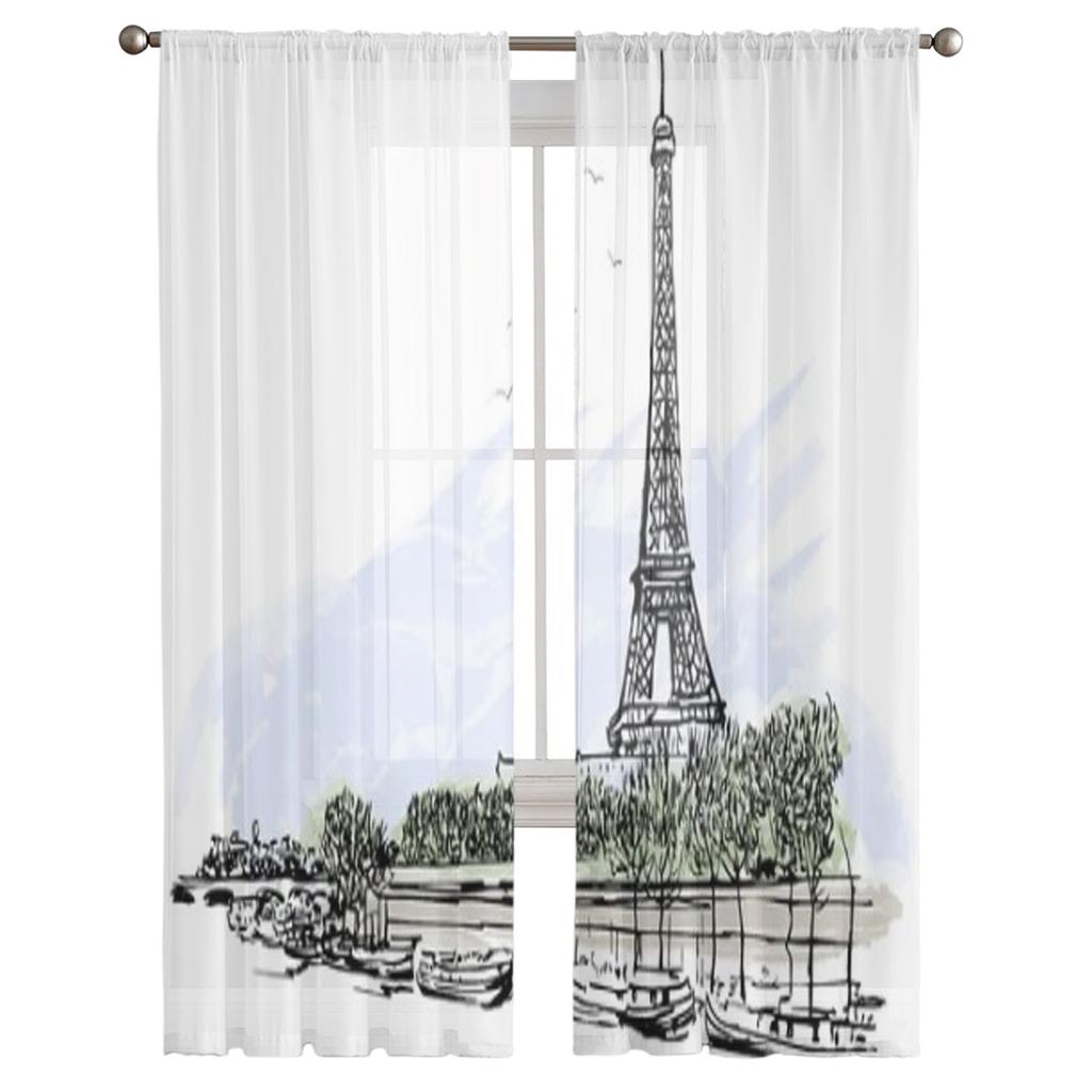 Eiffelturm in Paris, transparente Vorhänge für Wohnzimmer, transparente Tüll-Fensterbehandlungen, Schlafzimmer, Küche, Heimdekoration, Schleiervorhänge