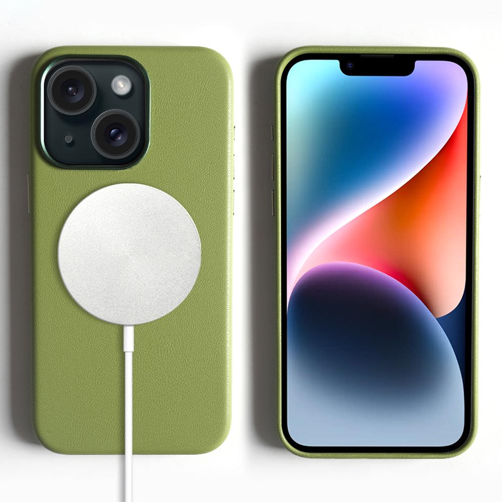 

For iPhone 14 Magnetic Case Eco-Friendly RPET Leather Phone Back Cover GRS Certified Light Green