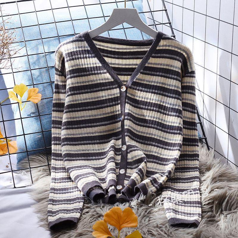 Dámský pruhovaný pletený kardigan v korejském stylu, s dlouhým rukávem, všestranný top, svetr jako svrchní oděv na jaro a podzim.