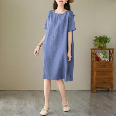 Cotton Linen Dress Female Summer Large Size Loose Simple Mid-length Round Neck Simple Skirt