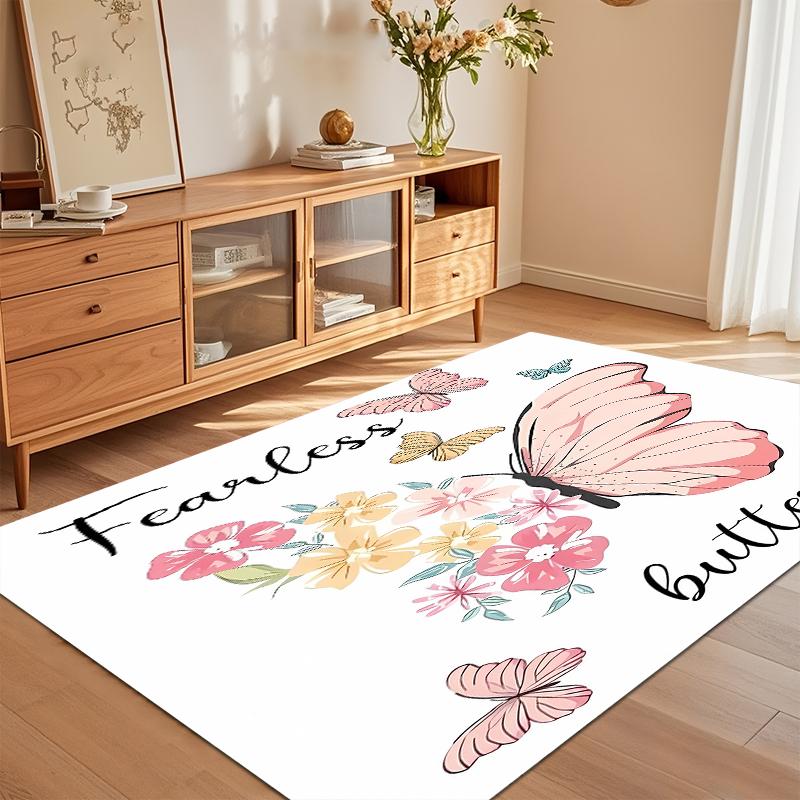 Soft Butterfly Pattern Area Rug Non Slip Kids Playmat White Background Floor Carpet Baby Nursery Room Home Decor