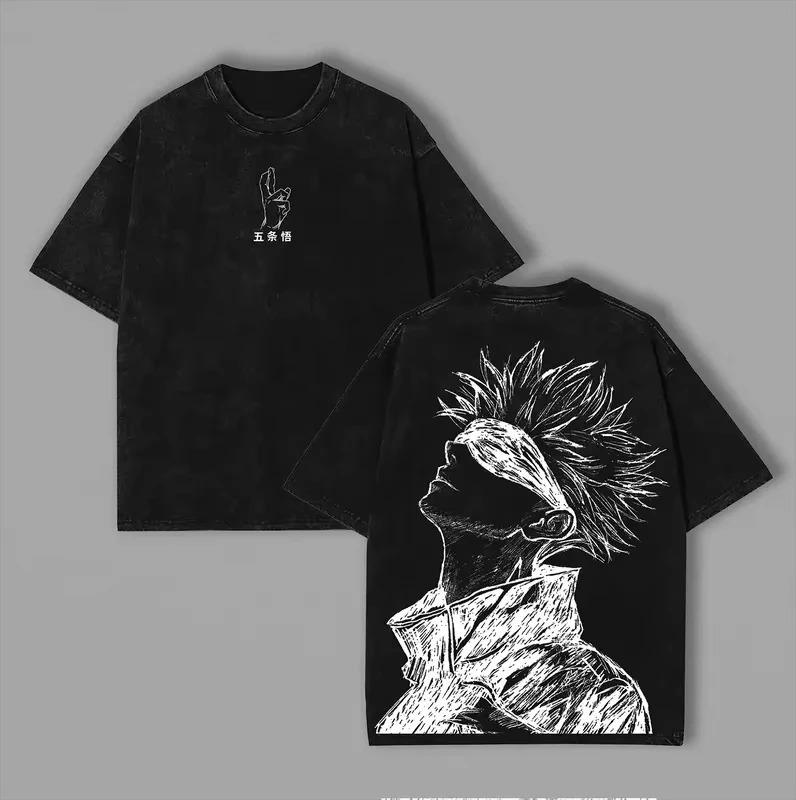 

Jujutsu Kaisen Gojo Satoru Blindfold Sketch Double-Sided Vintage Washed Oversized Anime Streetwear Unisex Casual Black T-Shirt L